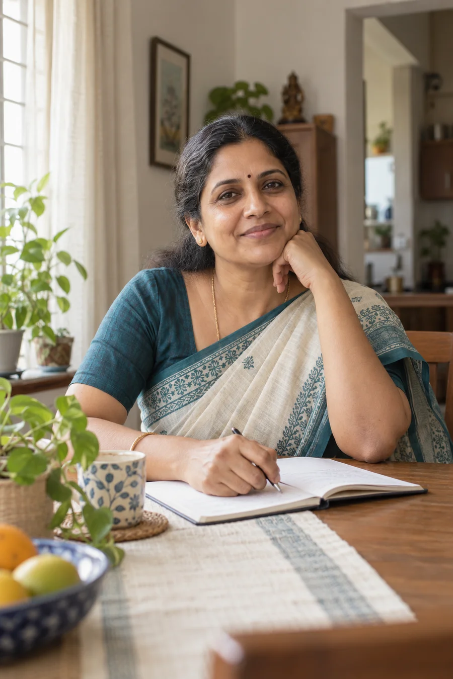 Generated portrait illustrating Meera, a fictional 42-year-old homemaker in Chennai