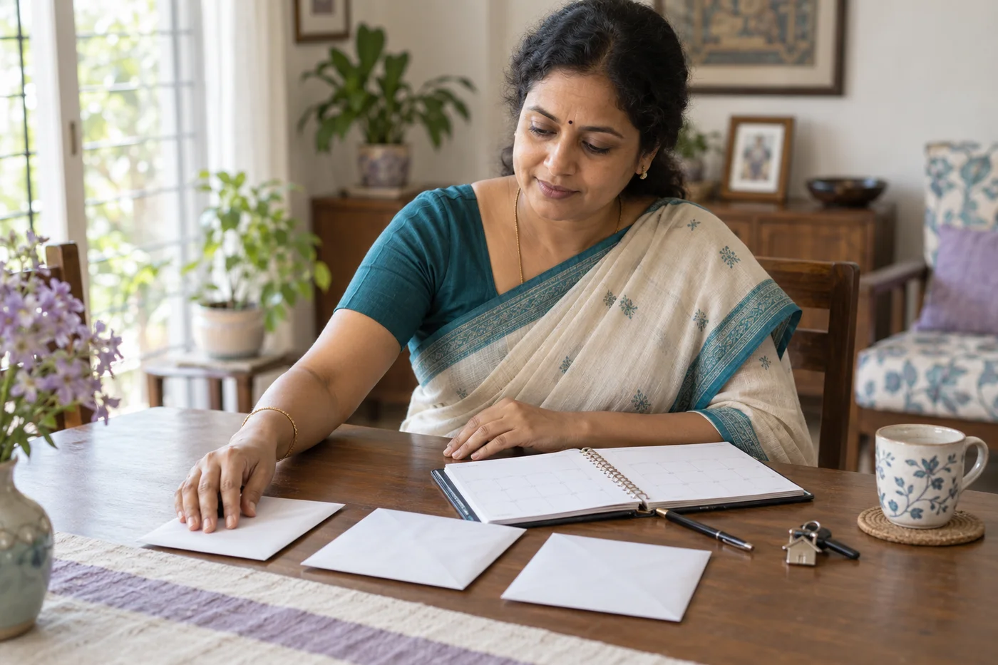Illustrative generated scene of an Indian woman arranging three envelopes beside a planner at home