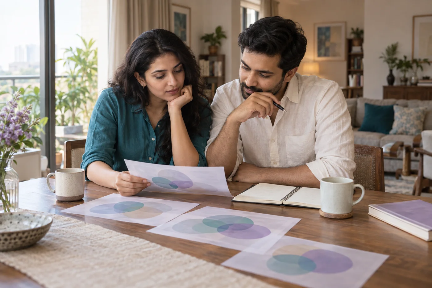 Illustrative generated scene of an Indian couple reviewing overlapping shapes and planning notes at home